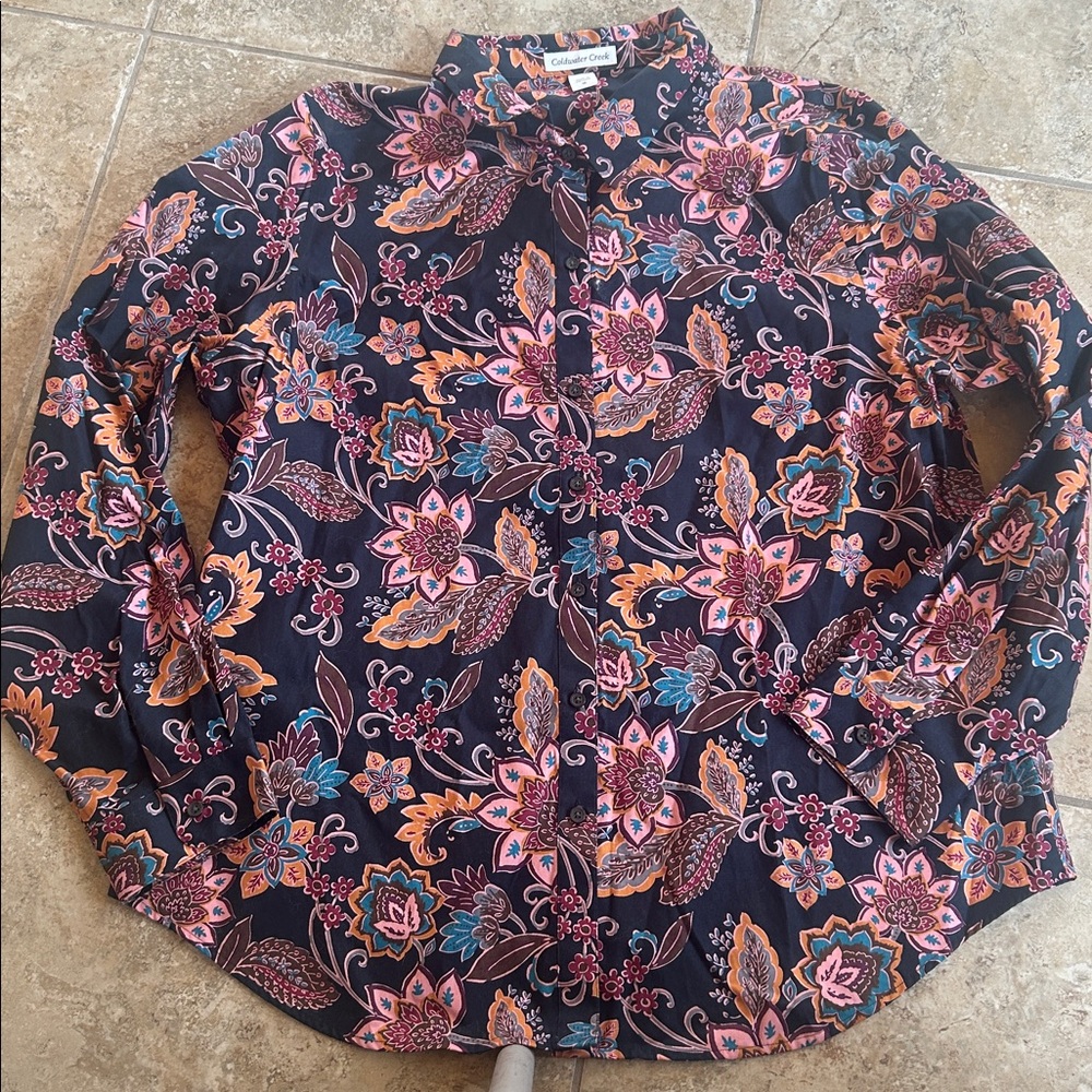 Coldwater Creek Floral Paisley Button Up Long Sleeve Shirt 100% Cotton Size 16